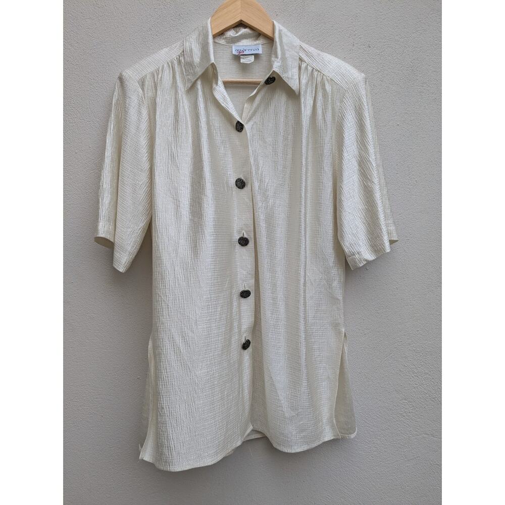 Apparenza Cream Dressy Blouse Tunic Type Satin Flower Buttons Size Medium